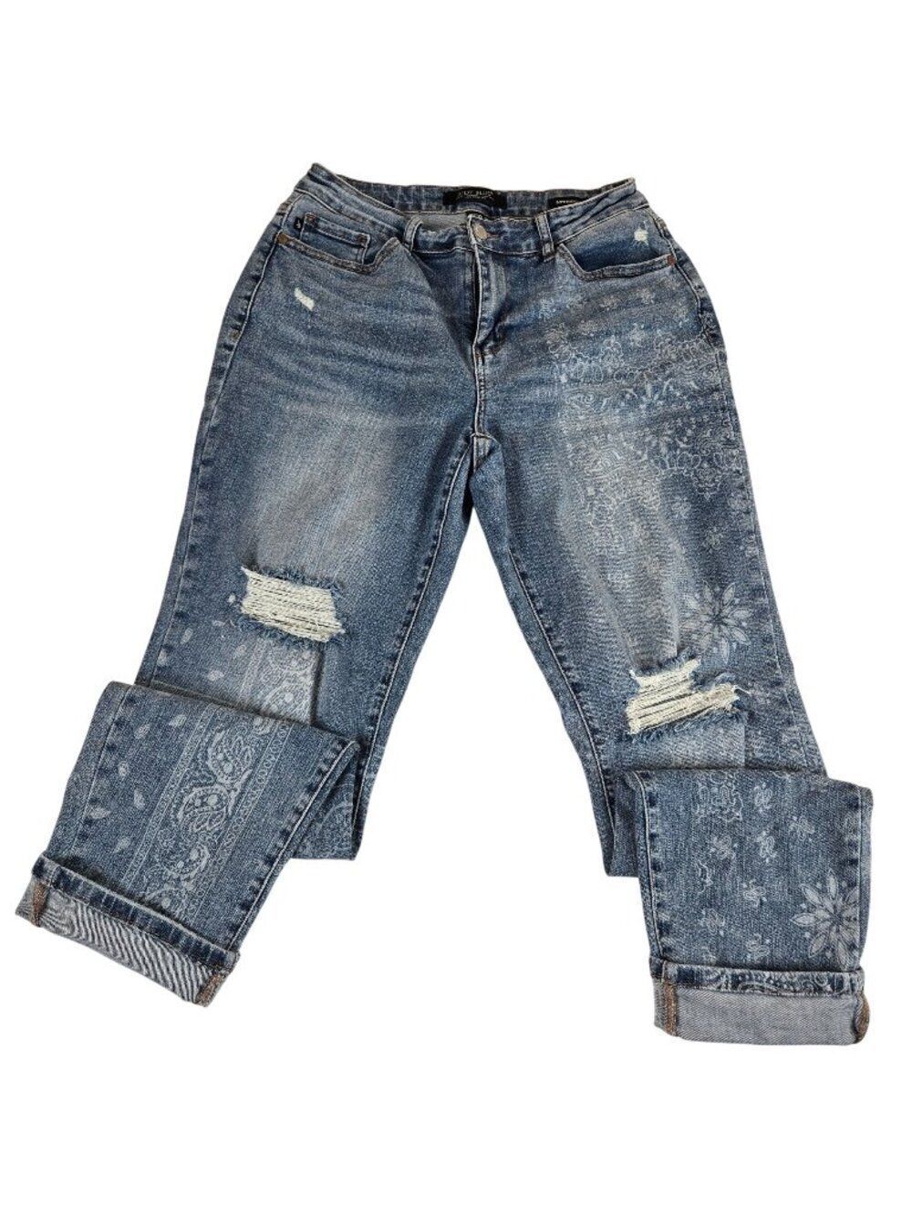 Judy Blue Boyfriend Fit Distressed Bandana Print Jeans Size 9/29 Blue Denim